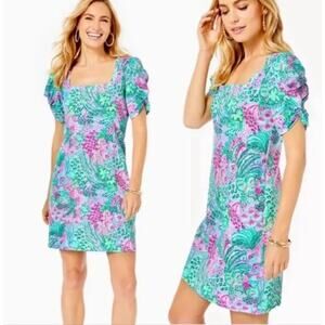 Lilly Pulitzer Haydn Short Sleeve Dress Womens M NEW Square Neck Tropical Resort